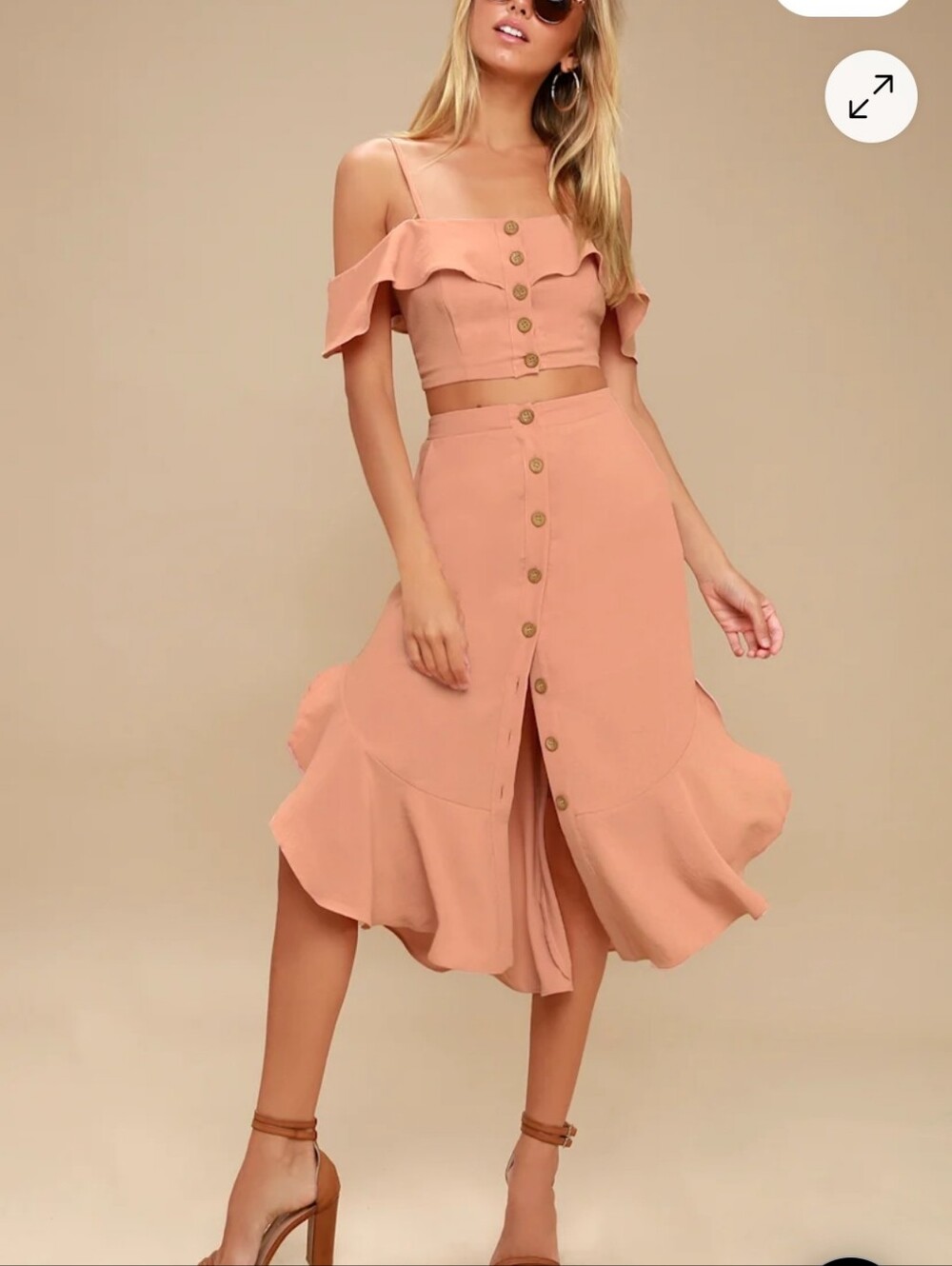 Lulus Malta Dusty Pink Mauve Button Up Skirt Off The Shoulder Top Set Sm - Picture 2 of 9
